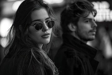 Beautiful young woman poses candidly on the street in street photography style, in black and white.