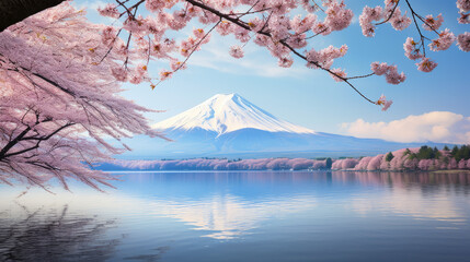 Painting of a Cherry Blossom Tree and Mountain