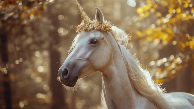 Portrait of a white arabian horse dressed as unicorn outdoors