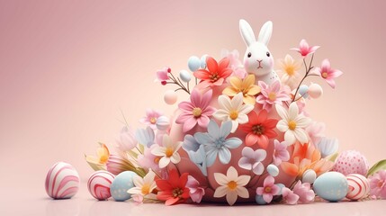 Obraz na płótnie Canvas Springtime Delight: Easter Bunny Toys, Festive Eggs, and Whimsical Decorations in Pink Hues for a Cute and Joyful Holiday Celebration