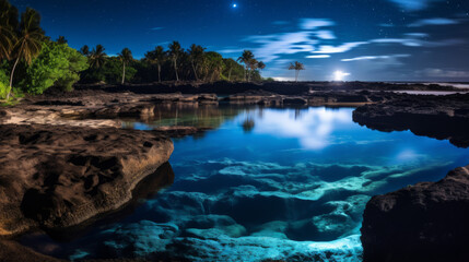 A Body of Water Surrounded by Rocks Under a Night Sky