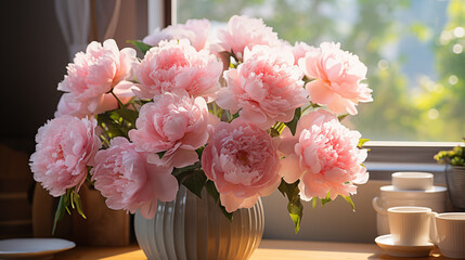 Bouquet of peony in a vase, soft focus background