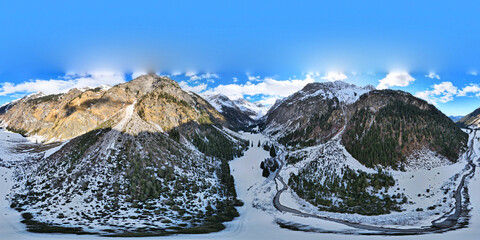 Fototapeta na wymiar 360 degree panorama. Aerial view over the canyon in Oytal Oberstdorf winter in Allgau. South Germany.