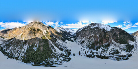 360 degree panorama. Aerial view over the canyon in Oytal Oberstdorf winter in Allgau. South...