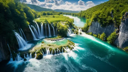 Fototapete Aerial View of a Waterfall in the Middle of a River © Pavlo