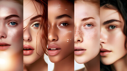 Banner. Composite image of beautiful young women faces expressing emotions and show healthy clean...