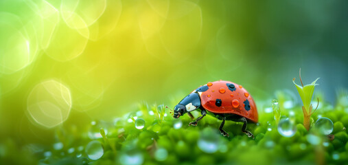 Obraz na płótnie Canvas ladybug on green dew covered background with copy space