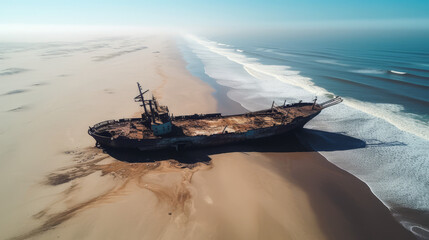 An Old Ship on a Beach Near the Ocean