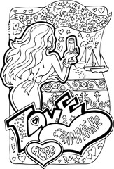 Colouring book vector page for adult woman. Hobby for relax and anti stress. Hand drawn illustration collection set with bohemian style beautiful young woman drinking champagne at night.