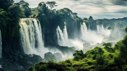 Fototapeta premium Majestic Waterfall Surrounded by Lush Green Trees
