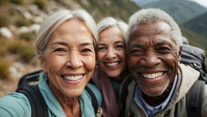 Elderly interracial couple taking a selfie with a second woman, all smiling, in a mountainous outdoor setting.