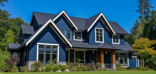 Side angle view of a midnight blue house in a suburban setting, with conventional windows, during a bright clear day. - obrazy, fototapety, plakaty