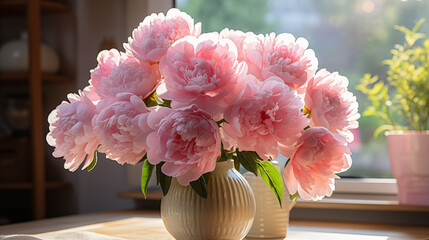 Bouquet of pink peony in a vase, soft focus background