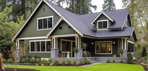 Side angle view of a moss green craftsman cottage, modern design elements, stunning high-definition. - obrazy, fototapety, plakaty