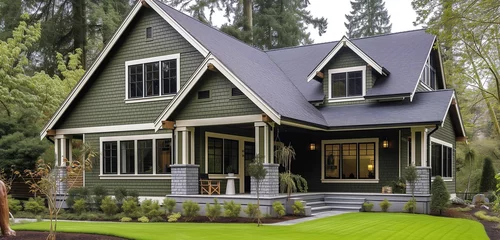 Fotobehang Side angle view of a moss green craftsman cottage, modern design elements, stunning high-definition. © ZUBI CREATIONS