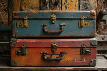 Fototapeta na wymiar A set of vintage suitcases, telling tales of travel and adventure from the past. Concept of travel nostalgia and historic journeys. Generative Ai.