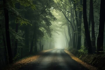 A lonely foggy road cutting through a thick and quiet wood