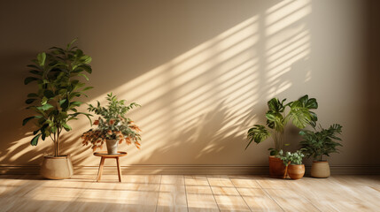 Empty living room in light beige color style. Orange and green leaves plants in pots. Concept of designing an interior