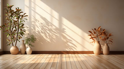 Empty living room in light beige color style. Orange and green leaves plants in pots. Concept of designing an interior