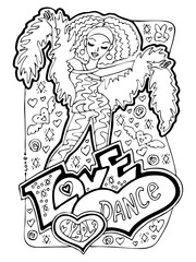 Colouring book page for adult woman. Hobby for relax and anti stress. Hand drawn illustration collection set with bohemian style beautiful young woman dancing on the party.