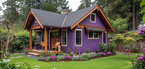 Side angle view of a pastel purple craftsman cottage, elegant woodwork, against a green backyard.