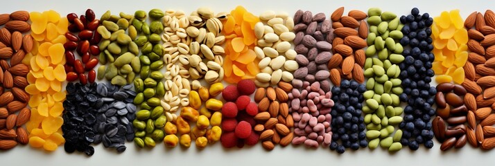 Assorted nuts and dried fruits in bright white light, top view - perfect for healthy snacking - obrazy, fototapety, plakaty
