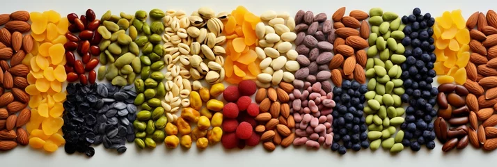 Foto auf Glas Assorted nuts and dried fruits in bright white light, top view - perfect for healthy snacking © Nikolai
