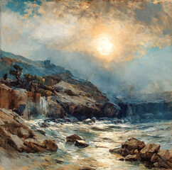 greek oil painting, landscape, art, watercolor, oil painting for printing, painting on canvas