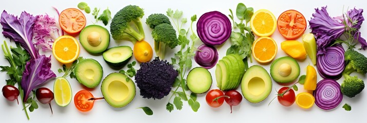 Top view collage of avocado, lemon, onion, tomato, broccoli, cabbage, and parsley on white