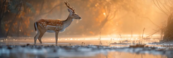 Foto op Canvas a deer crosses a shallow river  © StockUp