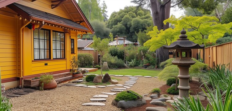 Side angle view of a xanthic yellow craftsman cottage, backyard with an elegant Japanese-style garden lantern.