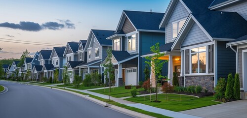 Side angle view of silver grey houses in a suburban region, with quaint windows, during early evening twilight. - obrazy, fototapety, plakaty