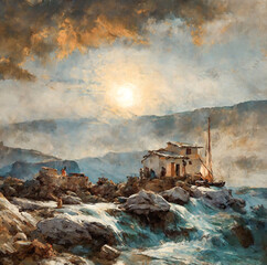 greek oil painting, landscape, art, watercolor, oil painting for printing, painting on canvas