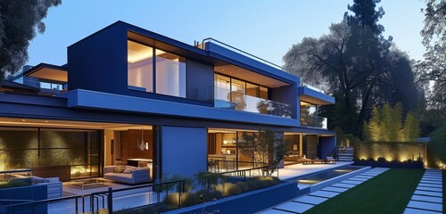 Sleek modern cobalt blue house, minimalist backyard, sophisticated gate, soft evening lighting. - obrazy, fototapety, plakaty