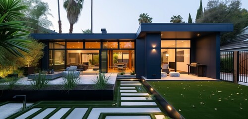 Sleek, modern midnight blue house, minimalist backyard with geometric landscaping, wrought iron...