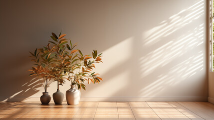 Empty living room in light beige color style. Orange and green leaves plants in pots. Concept of...