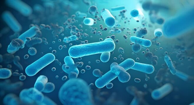 Medical background E. coli bacteria are found in the intestines. blue bacteria under a microscope.