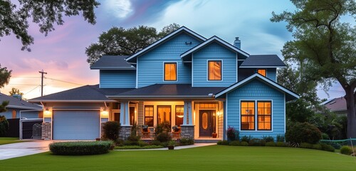 Turquoise house in a suburban enclave, with classic windows, on a wide lot, during a tranquil twilight. - obrazy, fototapety, plakaty