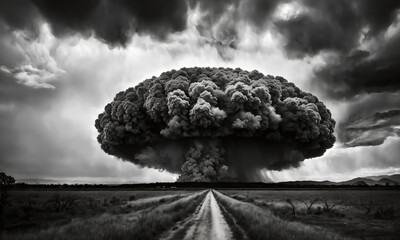 A black and white image depicts a nuclear explosion.