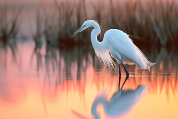 great heron fishing at sunrise - obrazy, fototapety, plakaty