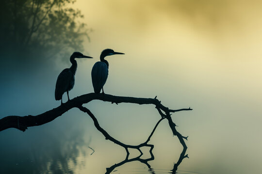 silhouette of a two birds on a branch