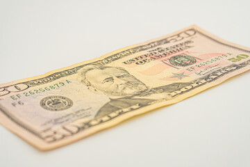 Macro shot of a 50 dollar. Portrait of US president Ulysses Simpson Grant on 50 dollars banknote....
