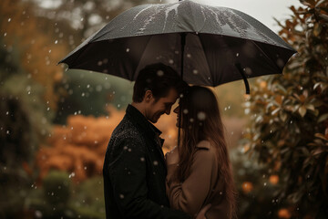 Romantic couple standing with umbrella in rain at garden