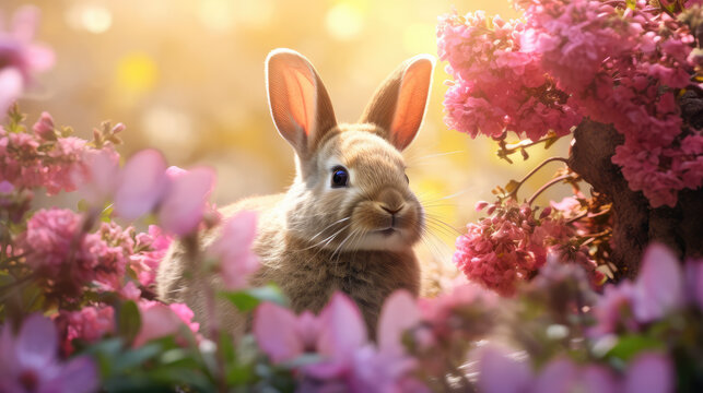 cute bunny sitting in a garden between flowers
