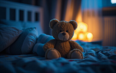 Brown Teddy Bear Sitting on Top of a Bed