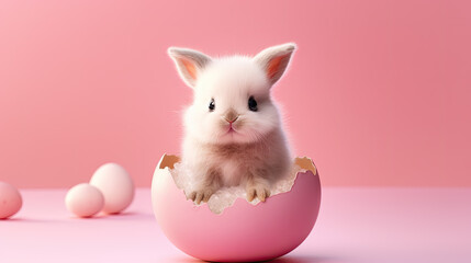 cute white bunny in an eggshell on pink background