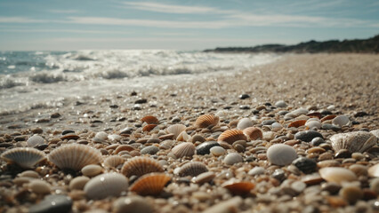 Fototapeta na wymiar seashells close-up on the beach. Surf in the background. Selective focus. Free space for text.