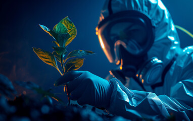 Person Wearing Protective Suit Holding a Plant