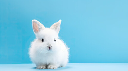 cute white fluffy bunny on cyan background