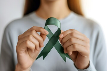 Close-up of a person's hands holding a green ribbon. Green April, month of awareness. Kidneys cancer awareness. World Cancer Day, World Mental health day, World lymphoma awareness